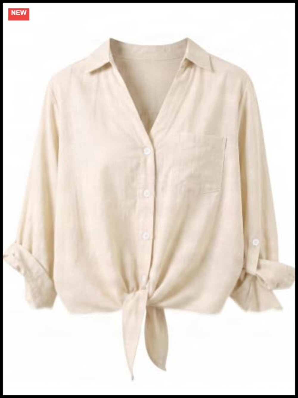 Womens Tie Front Button Down Shirt Cotton Linen 3/4 Sleeve Blouse